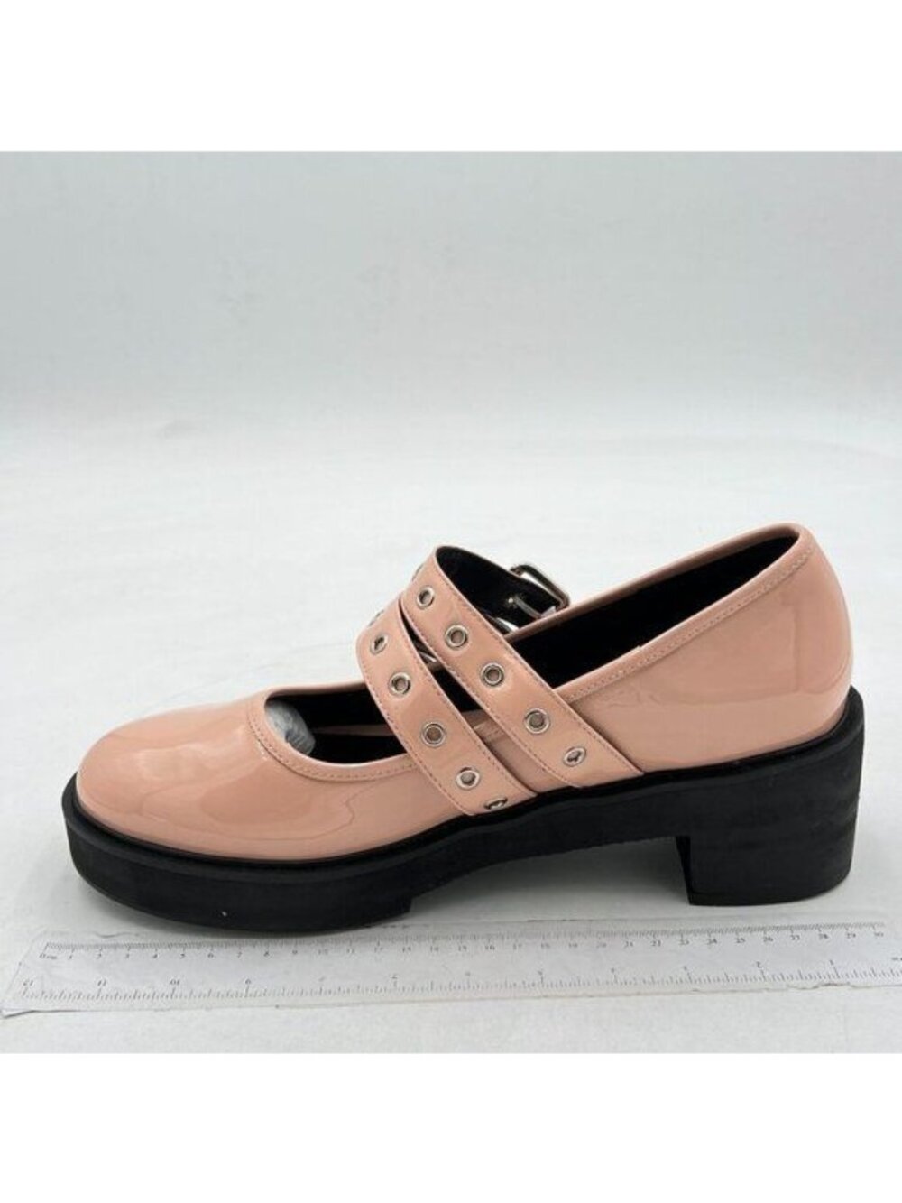 Women Mary Jane Round Toe Heel Lug Sole Pump with Adjustable Strap Pink Black